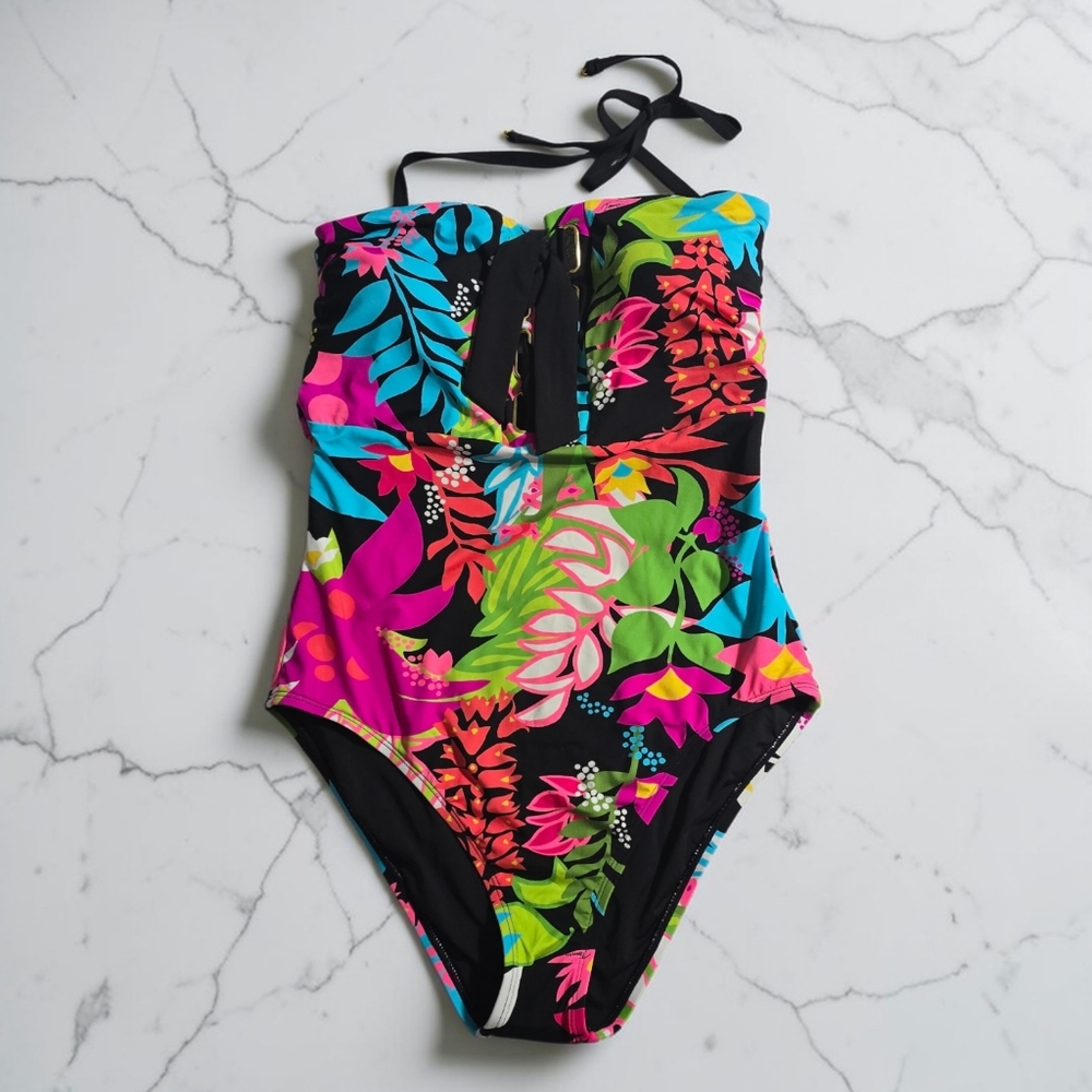 Trina Turk Tiki Lace-Up Halter Bandeau One Piece Swimsuit in Floral  Size 12